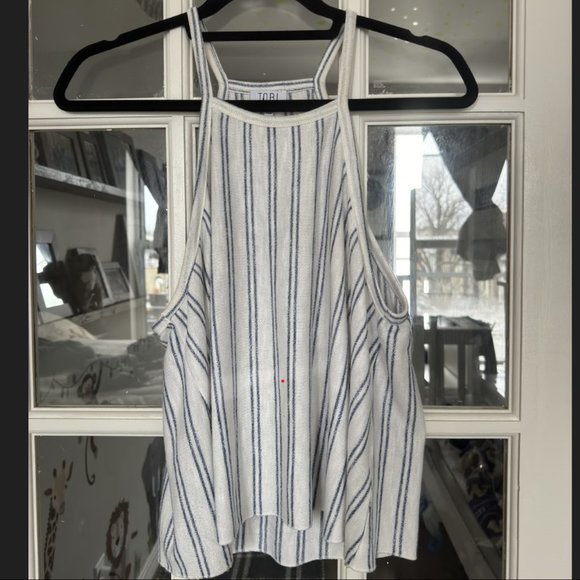 Tobi Tank Top Halter Neckline - Blue White Striped - Large - Picture 3 of 5
